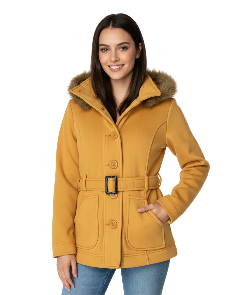 Women Fleece Coat with Fur Hood and Detachable Belt - Honey (S-XL) $15.50 (2X-3X) $16.50 WJ16511