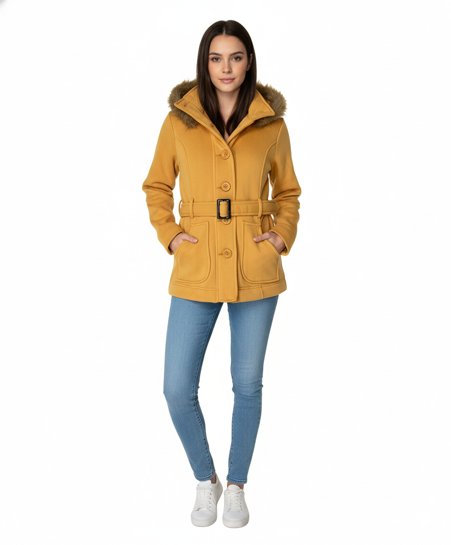 Women Fleece Coat with Fur Hood and Detachable Belt- Honey (S-XL)$14 and (2X-3X) WJ511