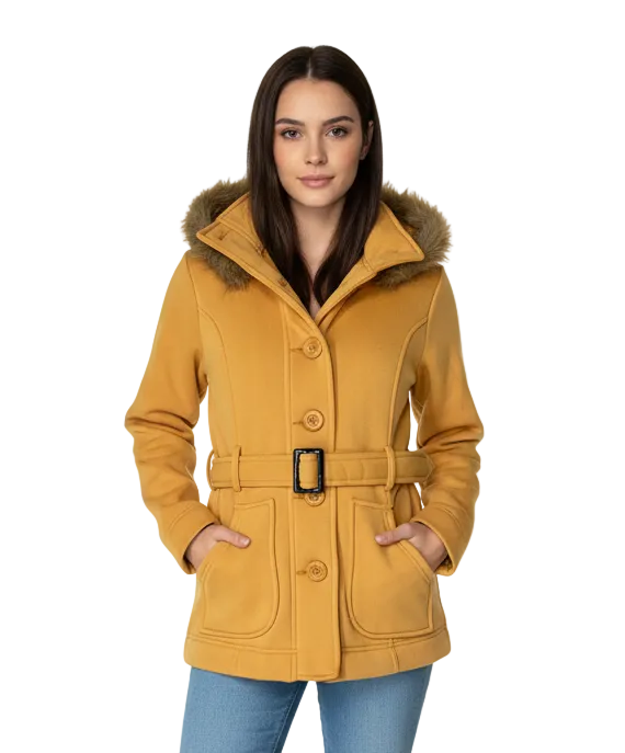 Women Fleece Coat with Fur Hood and Detachable Belt - Honey (S-XL) $15.50 (2X-3X) $16.50 WJ16511