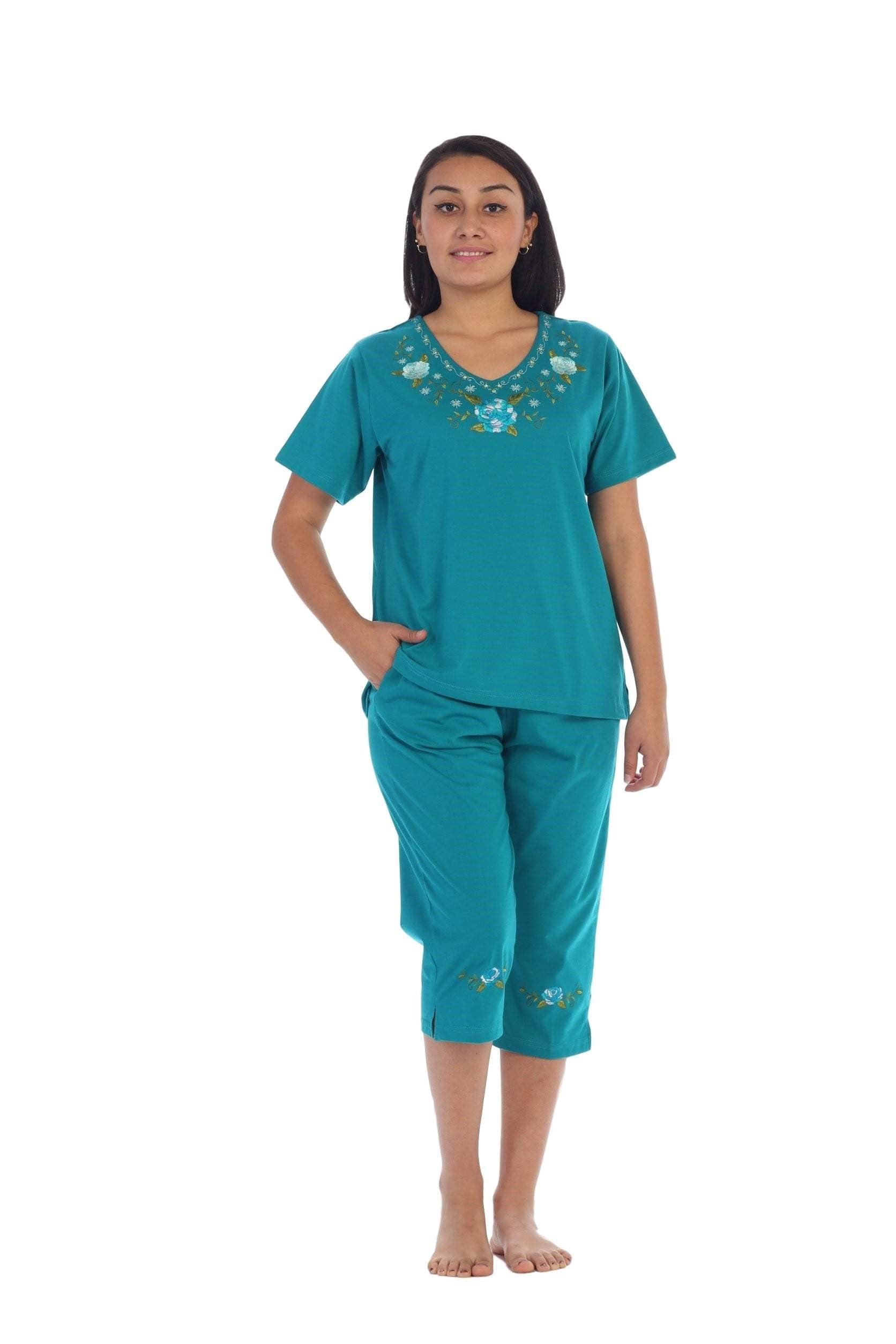 Women's Short Sleeve Rose Embroidered and Matching Capri Set (S-3X) $12.00 Per Set. WS08 Option B