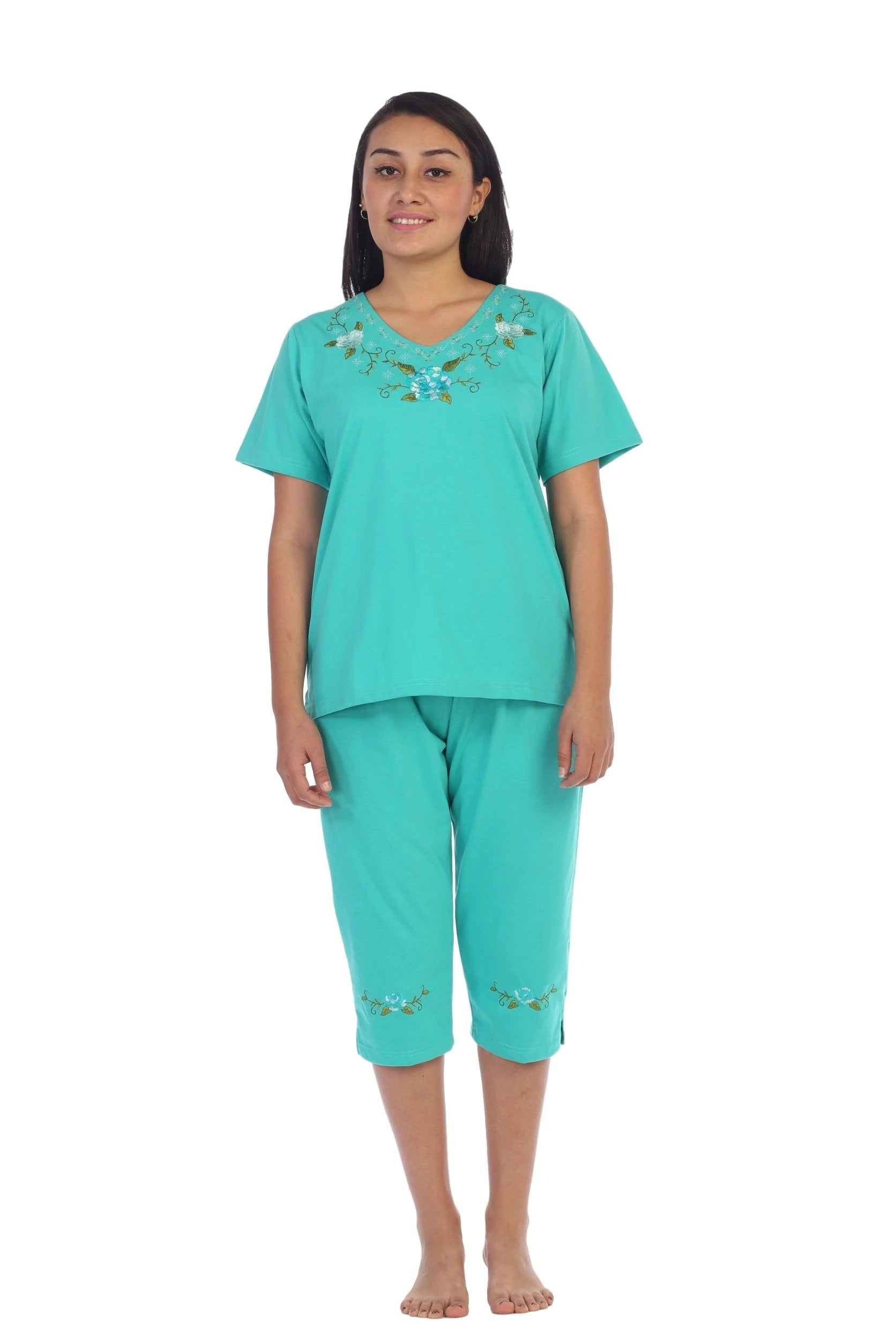 Women's Short Sleeve Rose Embroidered and Matching Capri Set (S-3X) $12.00 Per Set. WS08 Option B