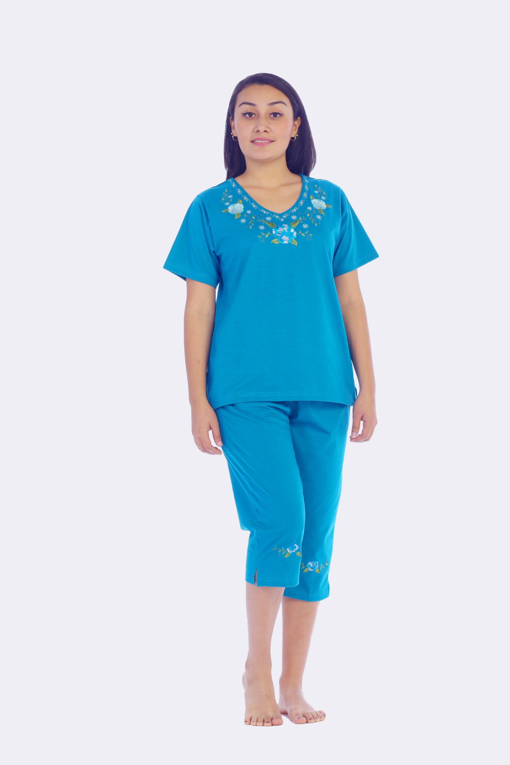 Women's Short Sleeve Rose Embroidered and Matching Capri Set (S-3X) $12.00 Per Set. WS08 Option B