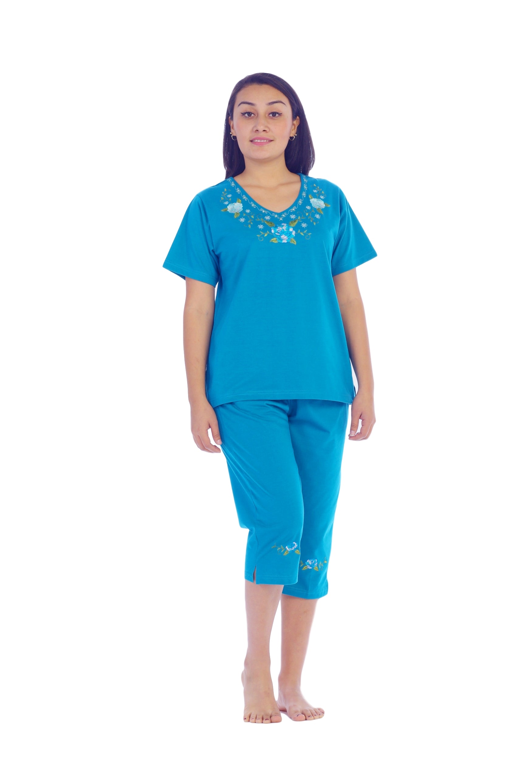 Women's Short Sleeve Rose Embroidered and Matching Capri Set (S-3X) $12.00 Per Set. WS08 Option B