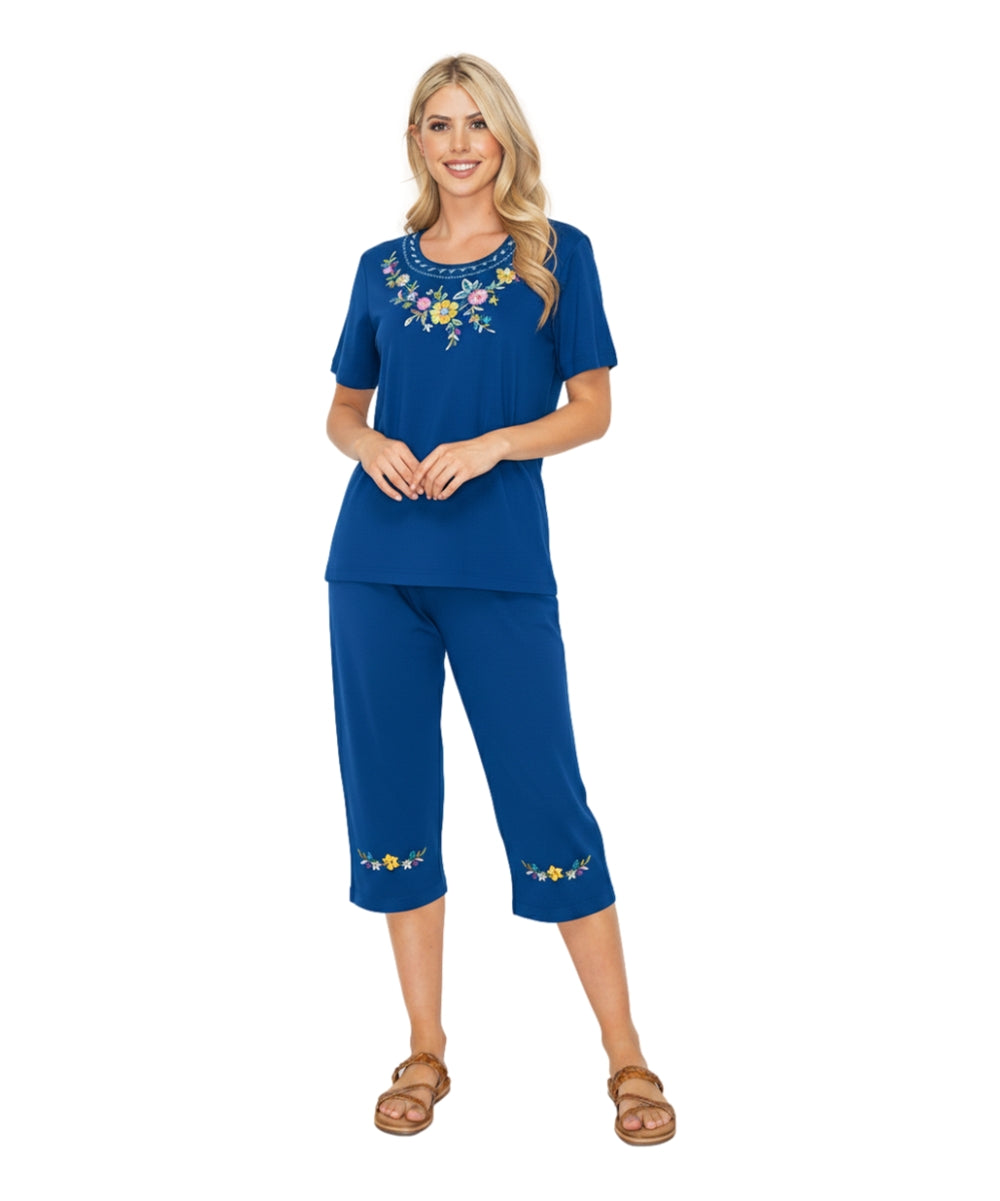 Women's Short Sleeve 7 Petals Floral Embroidered and Matching Capri Set (S-3X) $12.00 Per Set. WS16 Option A