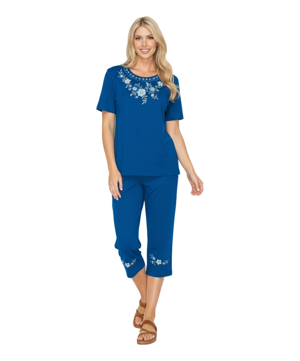 Women's Short Sleeve 7 Petals Floral Embroidered and Matching Capri Set (S-3X) $12.00 Per Set. WS16 Option C