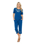 Women's Short Sleeve 7 Petals Floral Embroidered and Matching Capri Set (S-3X) $12.00 Per Set. WS16 Option C