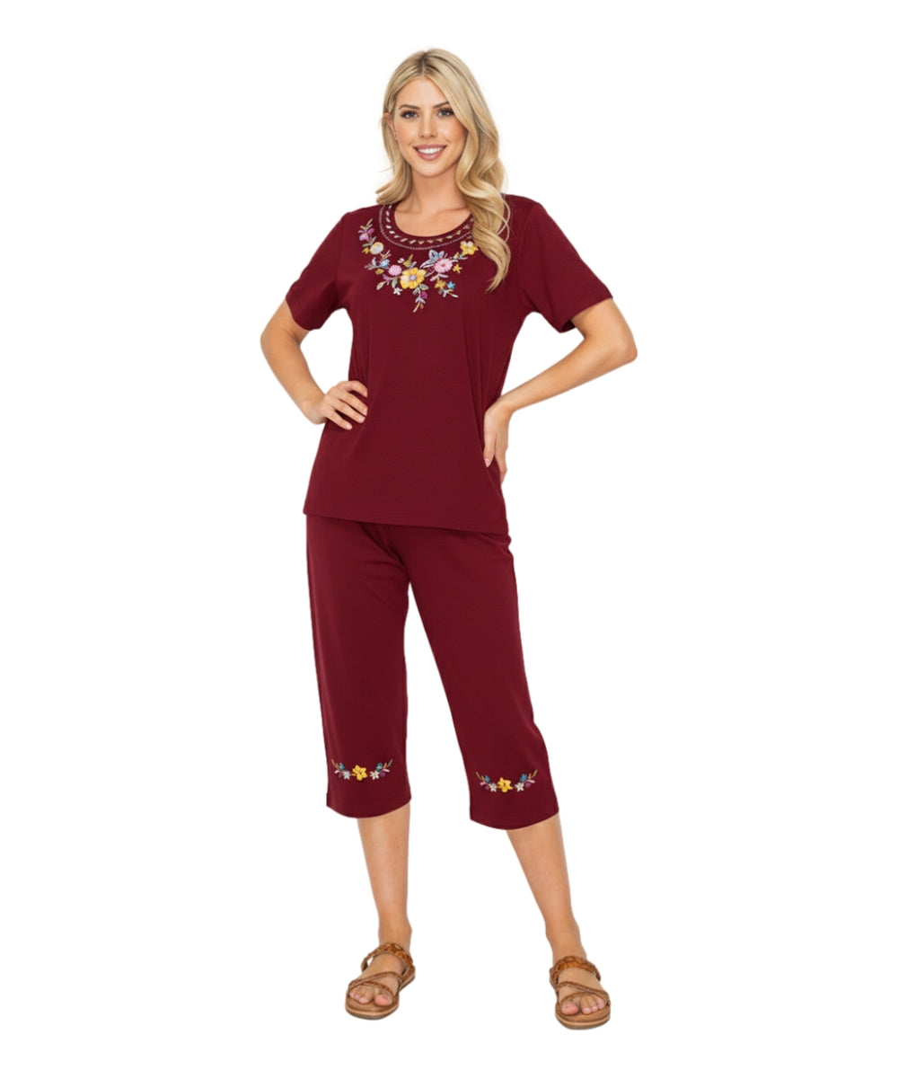 Women's Short Sleeve 7 Petals Floral Embroidered and Matching Capri Set (S-3X) $12.00 Per Set. WS16 Option A