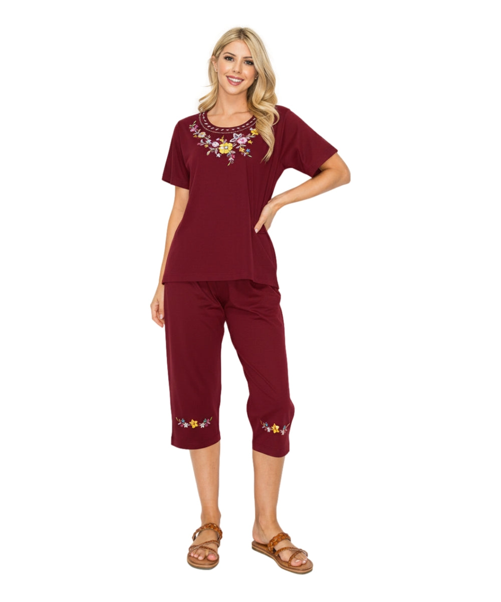 Women's Short Sleeve 7 Petals Floral Embroidered and Matching Capri Set (S-3X) $12.00 Per Set. WS16 Option A