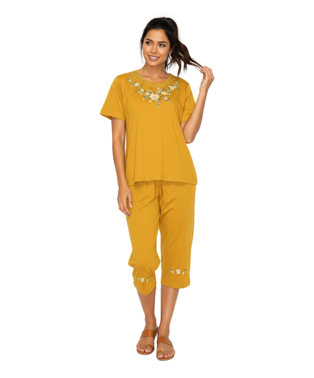 Women's Short Sleeve 7 Petals Floral Embroidered and Matching Capri Set (S-3X) $12.00 Per Set. WS16 Option A