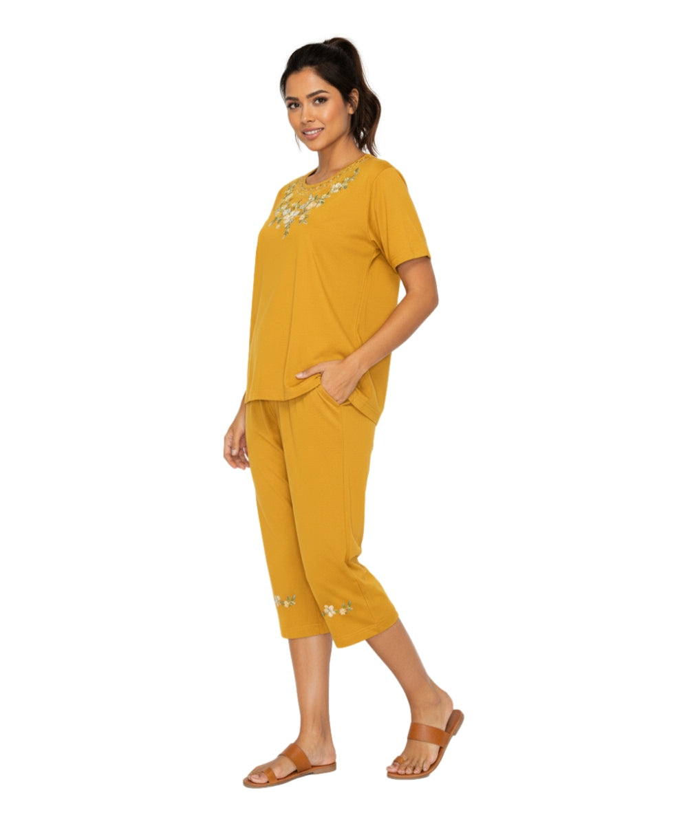 Women's Short Sleeve 7 Petals Floral Embroidered and Matching Capri Set (S-3X) $12.00 Per Set. WS16 Option A