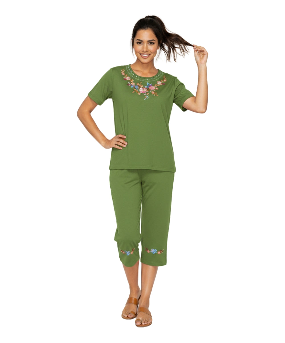 Women's Short Sleeve 7 Petals Floral Embroidered and Matching Capri Set (S-3X) $12.00 Per Set. WS16 Option B