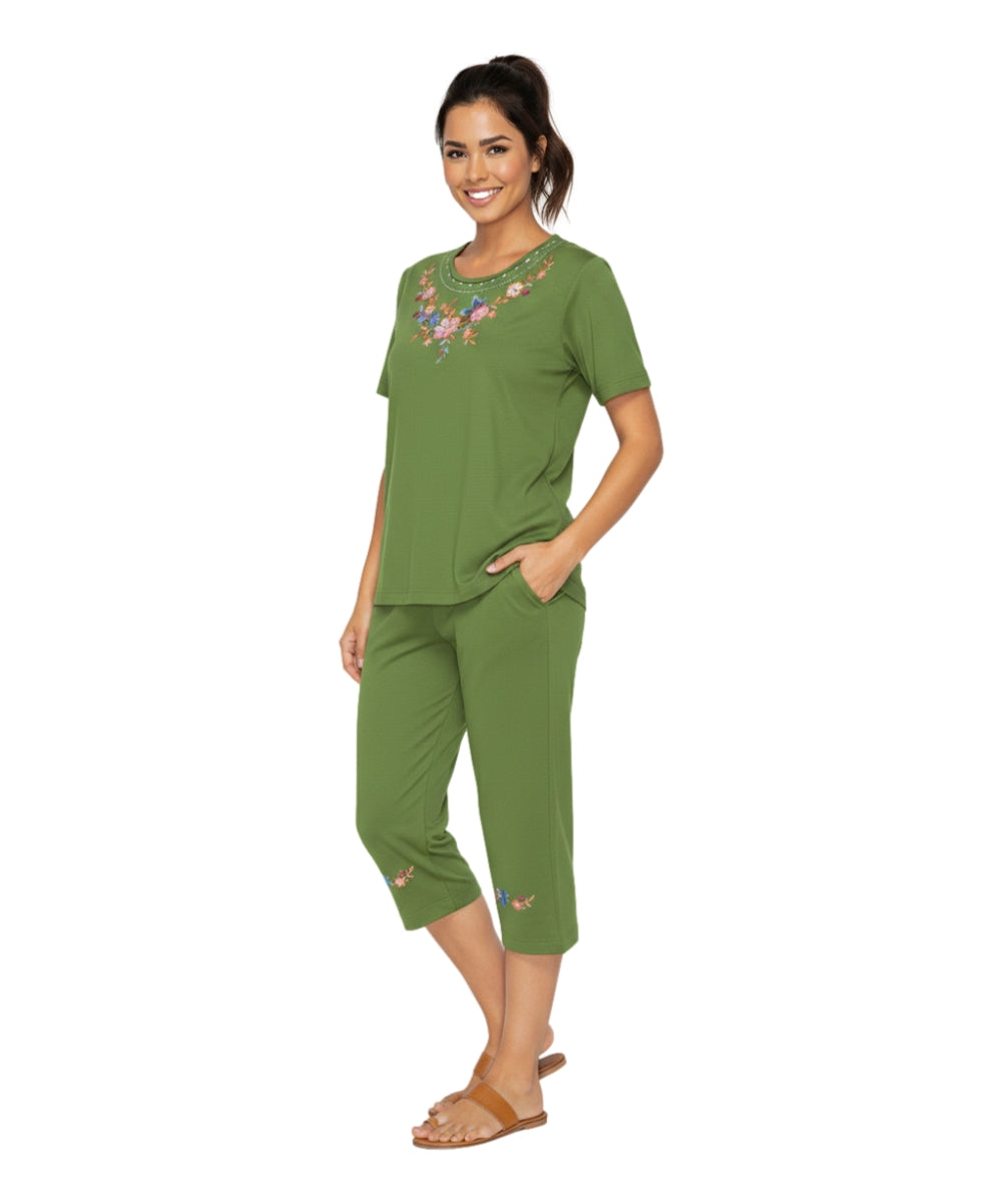 Women's Short Sleeve 7 Petals Floral Embroidered and Matching Capri Set (S-3X) $12.00 Per Set. WS16 Option B