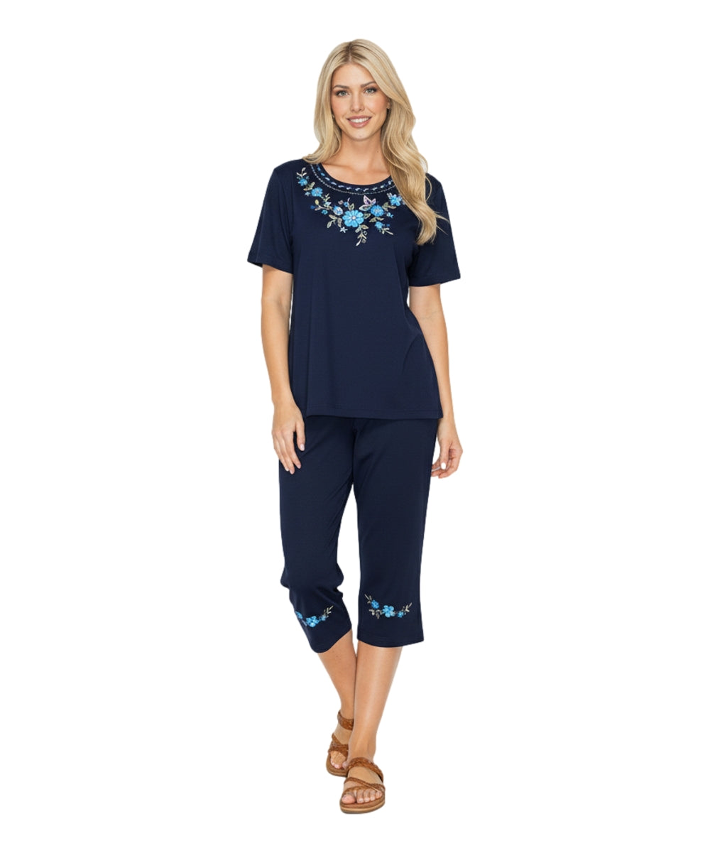Women's Short Sleeve 7 Petals Floral Embroidered and Matching Capri Set (S-3X) $12.00 Per Set. WS16 Option B