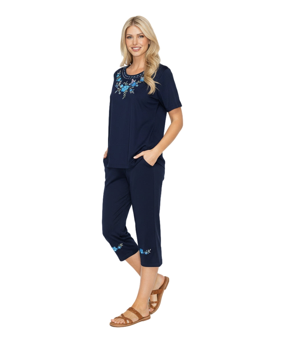 Women's Short Sleeve 7 Petals Floral Embroidered and Matching Capri Set (S-3X) $12.00 Per Set. WS16 Option B