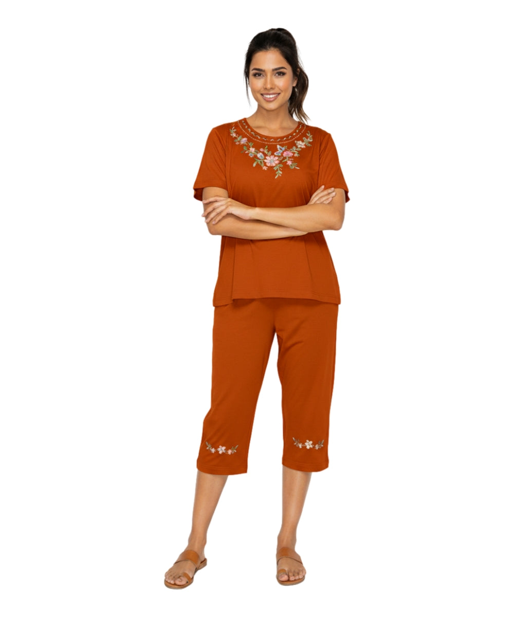 Women's Short Sleeve 7 Petals Floral Embroidered and Matching Capri Set (S-3X) $12.00 Per Set. WS16 Option B