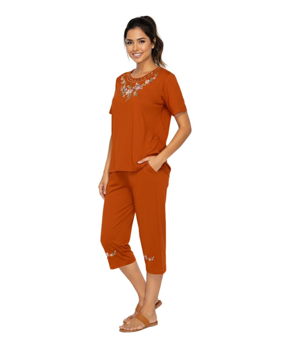Women's Short Sleeve 7 Petals Floral Embroidered and Matching Capri Set (S-3X) $12.00 Per Set. WS16 Option B