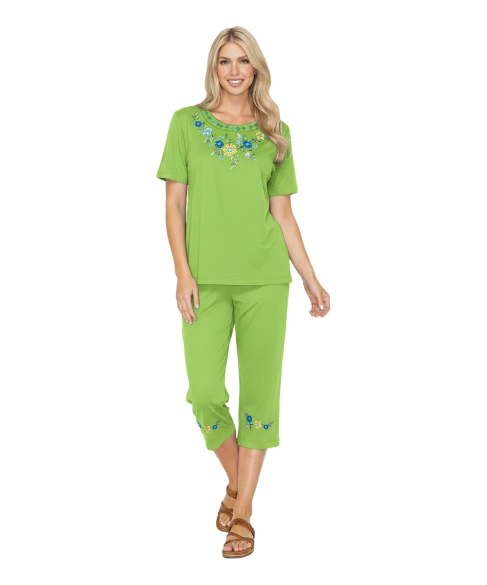 Women's Short Sleeve 7 Petals Floral Embroidered and Matching Capri Set (S-3X) $12.00 Per Set. WS16 Option B