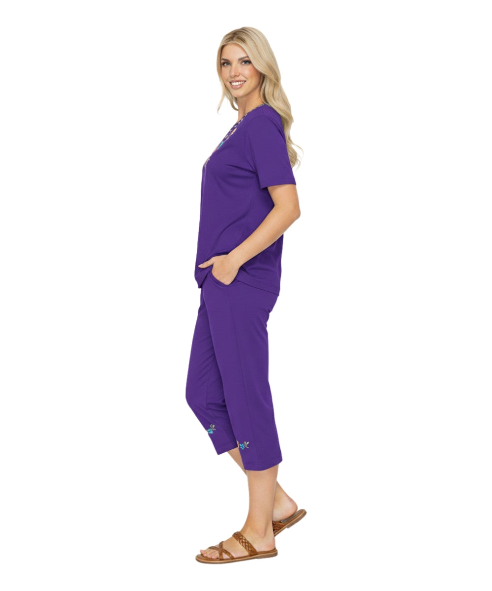 Women's Short Sleeve 7 Petals Floral Embroidered and Matching Capri Set (S-3X) $12.00 Per Set. WS16 Option C