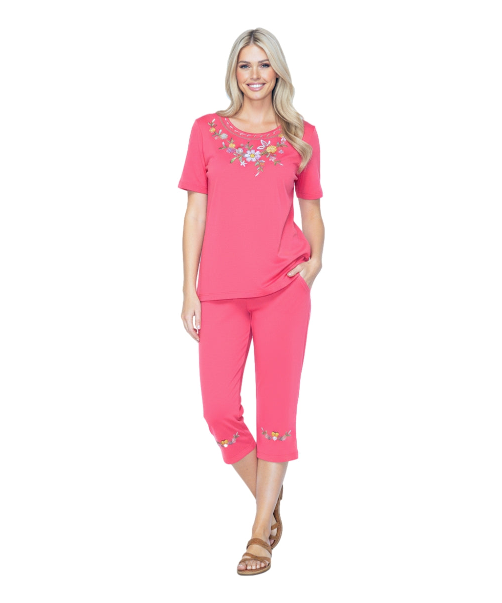 Women's Short Sleeve 7 Petals Floral Embroidered and Matching Capri Set (S-3X) $12.00 Per Set. WS16 Option A