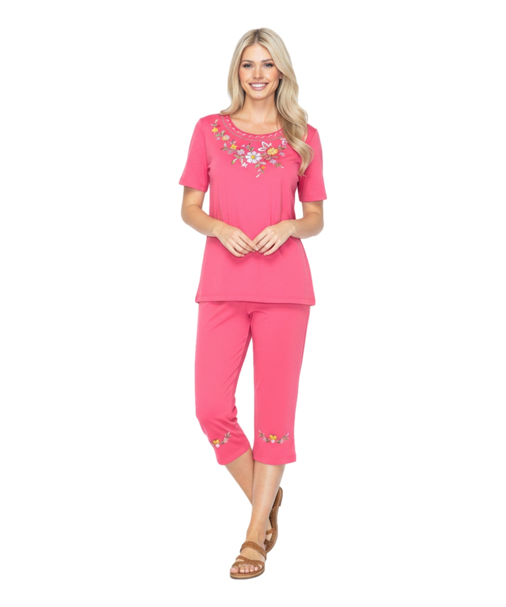 Women's Short Sleeve 7 Petals Floral Embroidered and Matching Capri Set (S-3X) $12.00 Per Set. WS16 Option A