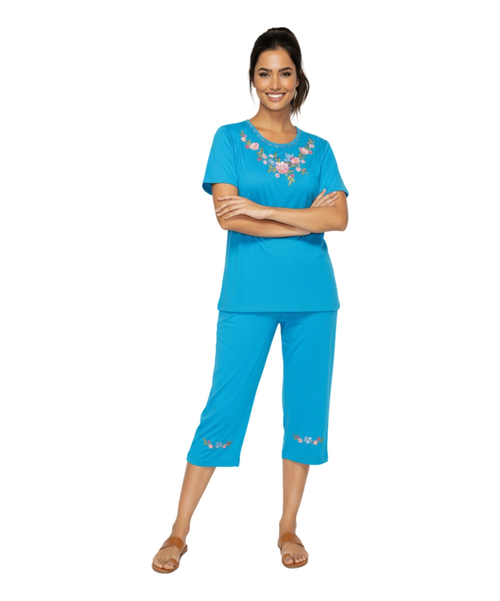 Women's Short Sleeve 7 Petals Floral Embroidered and Matching Capri Set (S-3X) $12.00 Per Set. WS16 Option B