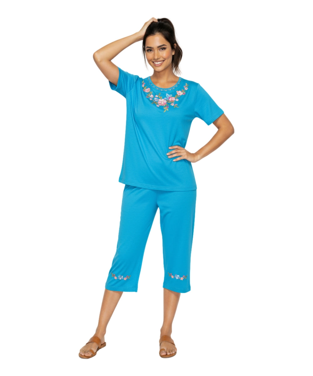 Women's Short Sleeve 7 Petals Floral Embroidered and Matching Capri Set (S-3X) $12.00 Per Set. WS16 Option B