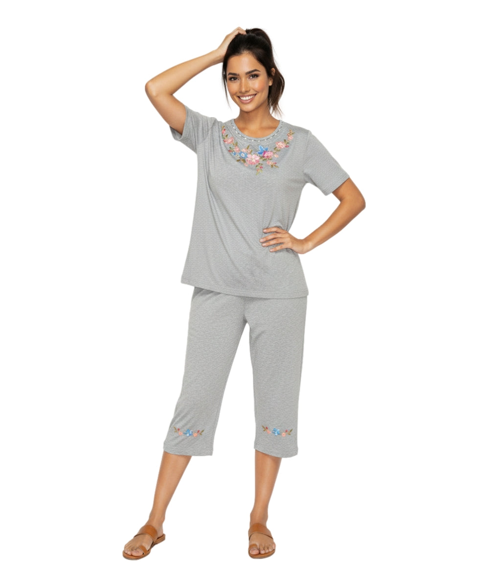 Women's Short Sleeve 7 Petals Floral Embroidered and Matching Capri Set (S-3X) $12.00 Per Set. WS16 Option C