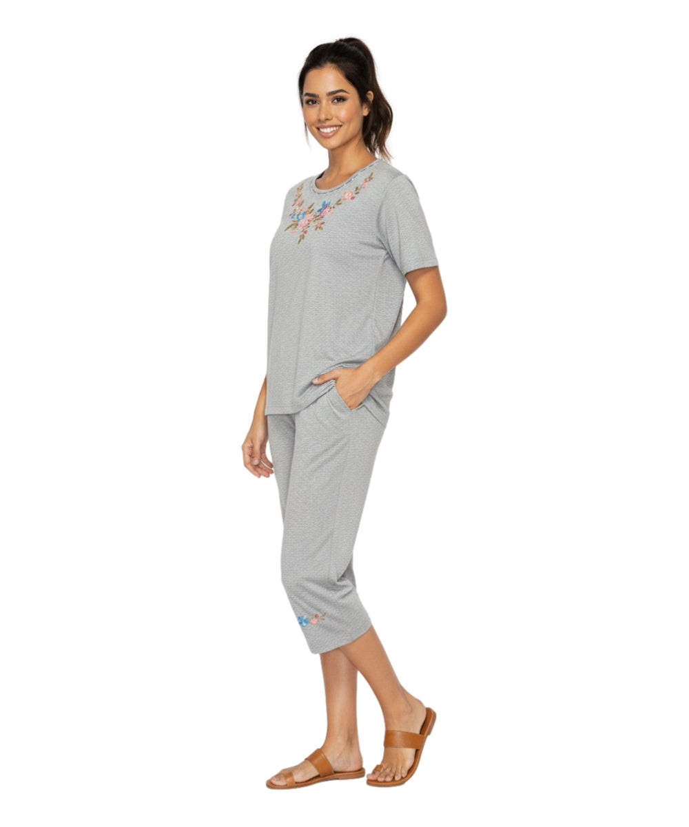 Women's Short Sleeve 7 Petals Floral Embroidered and Matching Capri Set (S-3X) $12.00 Per Set. WS16 Option C
