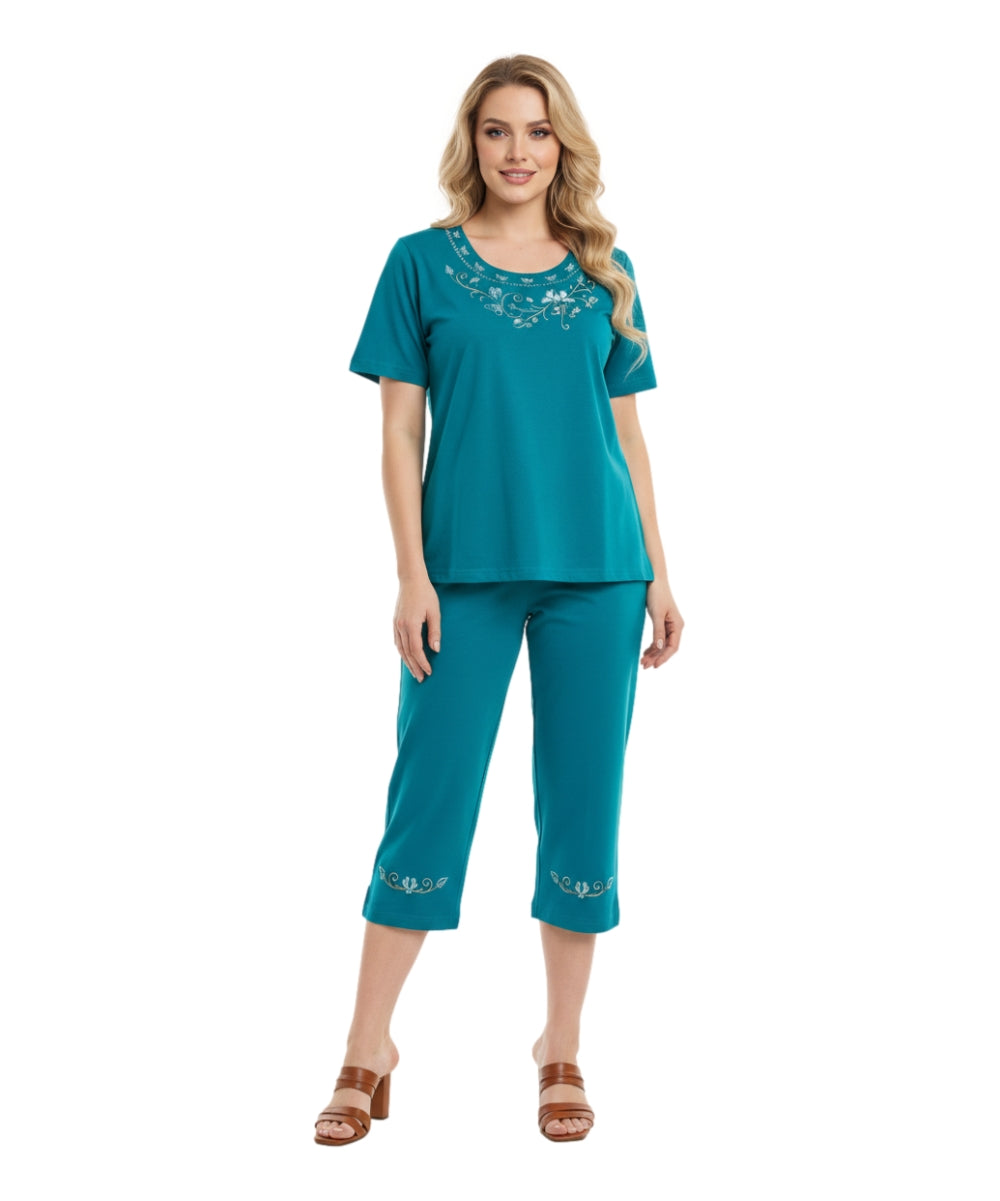 Women's Short Sleeve  Floral Embroidered and Matching Capri Set (S-3X) $12.00 Per Set. WS17 Option B