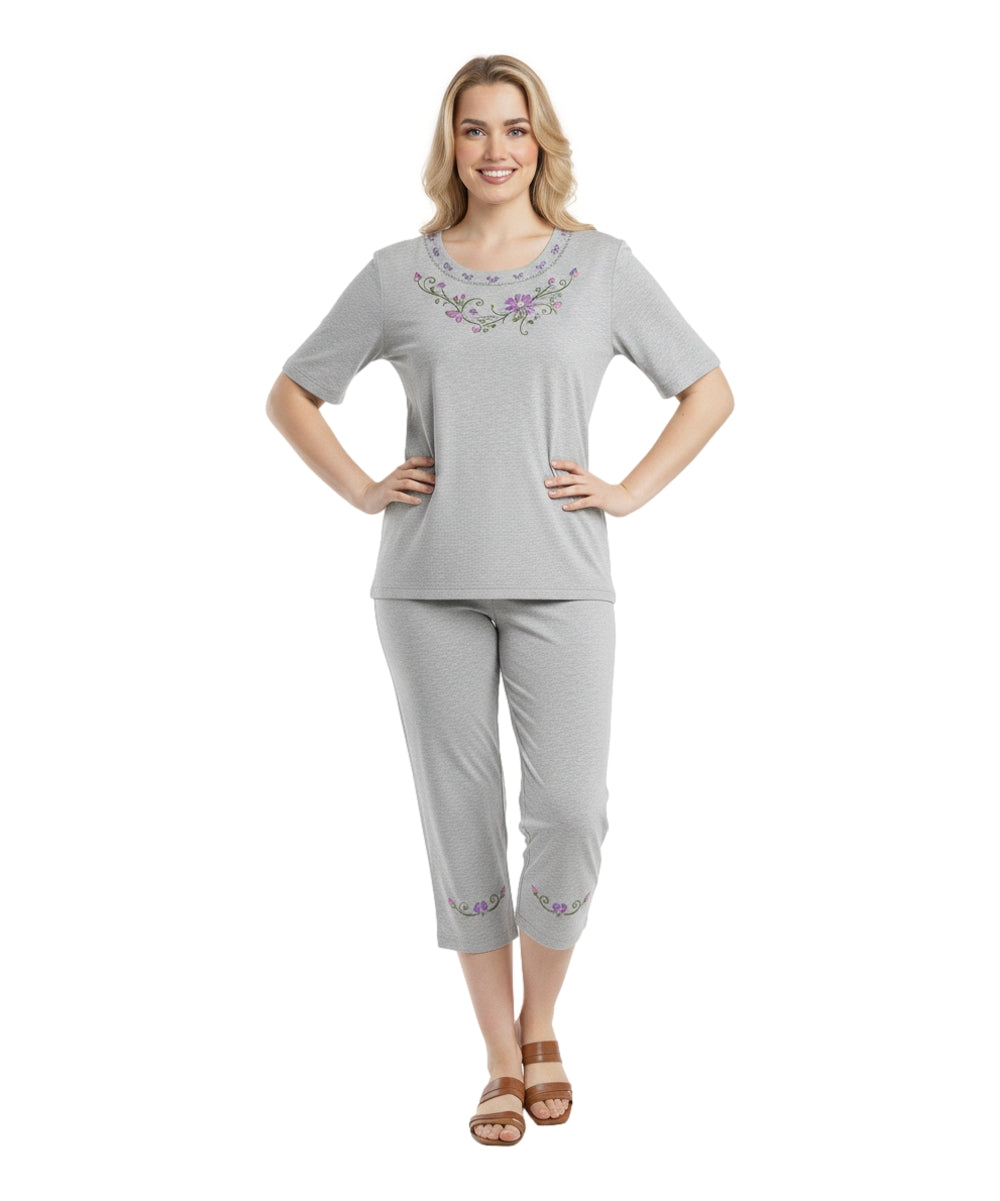 Women's Short Sleeve  Floral Embroidered and Matching Capri Set (S-3X) $12.00 Per Set. WS17 Option B
