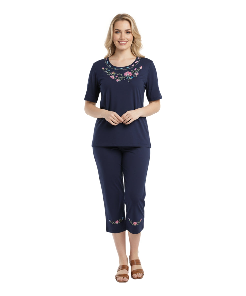 Women's Short Sleeve  Floral Embroidered and Matching Capri Set (S-3X) $12.00 Per Set. WS17 Option A