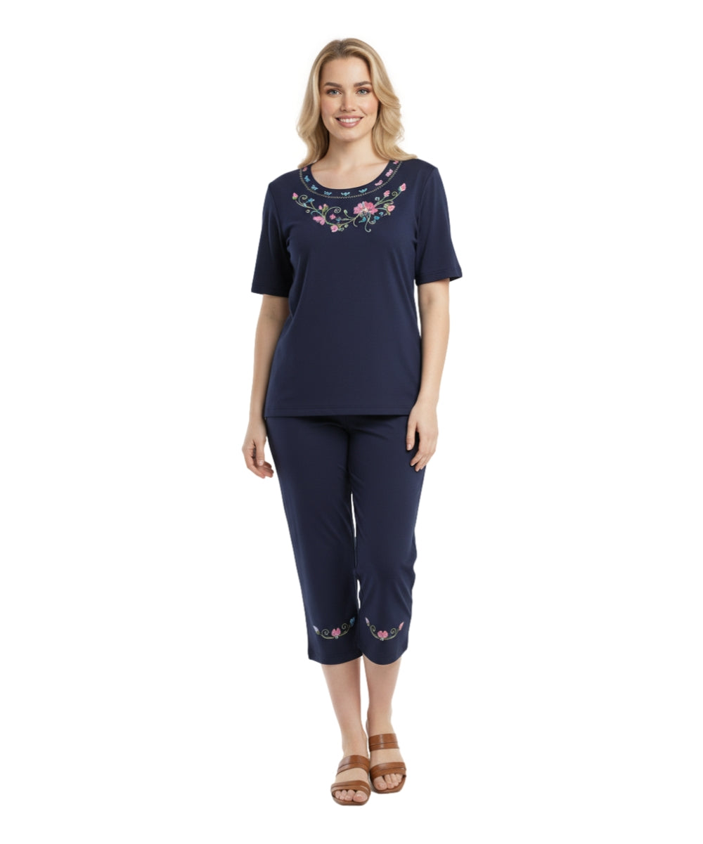 Women's Short Sleeve  Floral Embroidered and Matching Capri Set (S-3X) $12.00 Per Set. WS17 Option A