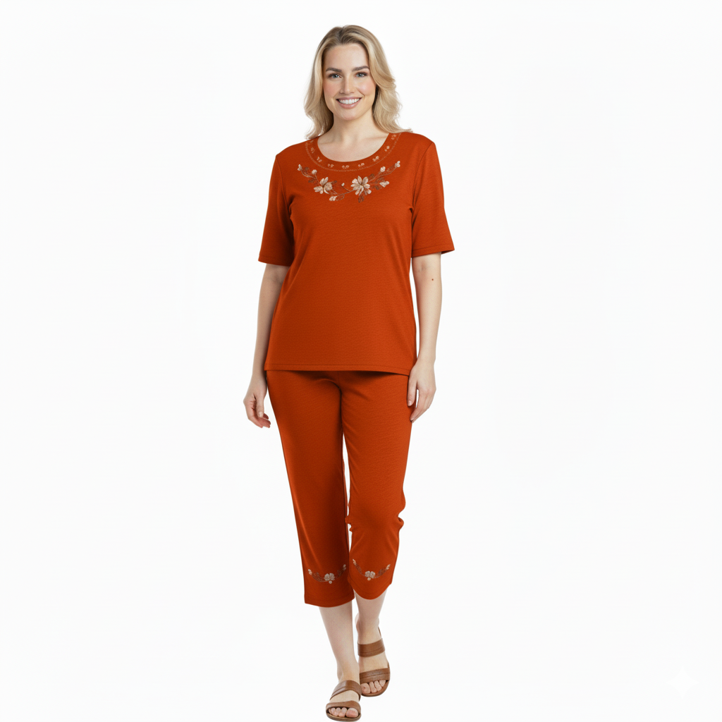 Women's Short Sleeve  Floral Embroidered and Matching Capri Set (S-3X) $12.00 Per Set. WS17 Option B
