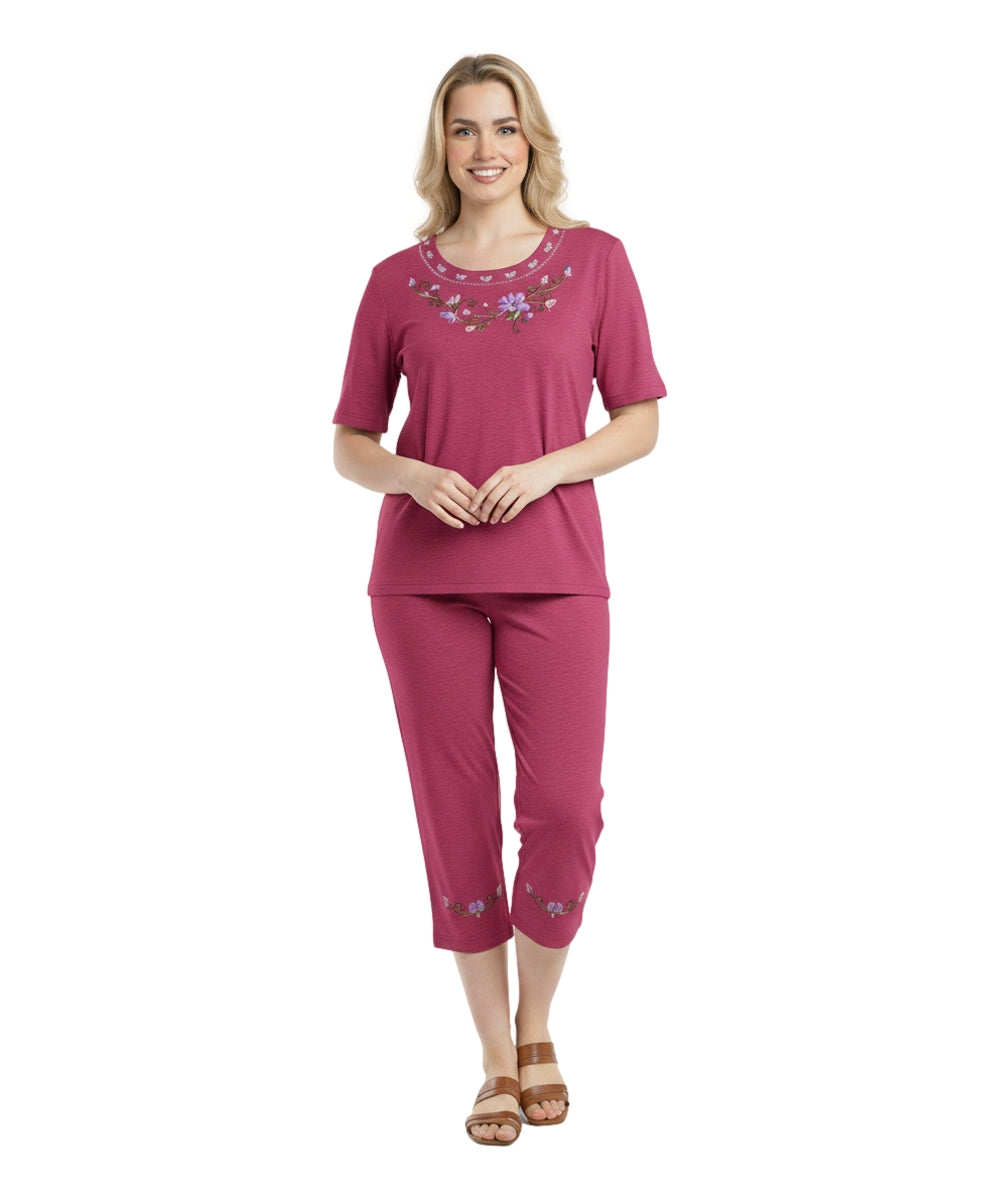 Women's Short Sleeve  Floral Embroidered and Matching Capri Set (S-3X) $12.00 Per Set. WS17 Option B