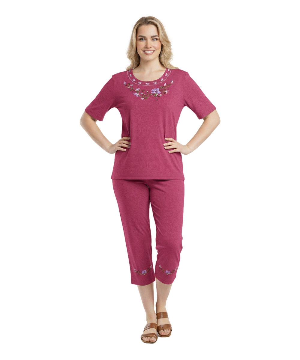 Women's Short Sleeve  Floral Embroidered and Matching Capri Set (S-3X) $12.00 Per Set. WS17 Option B