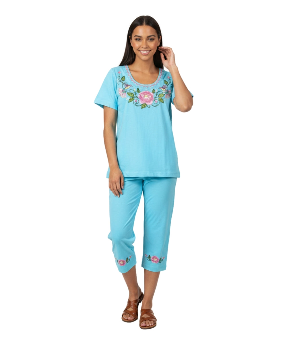Women's Short Sleeve Hummingbird Floral Embroidered and Matching Capri Set (S-3X) $12.00 Per Set. WS18 Option C