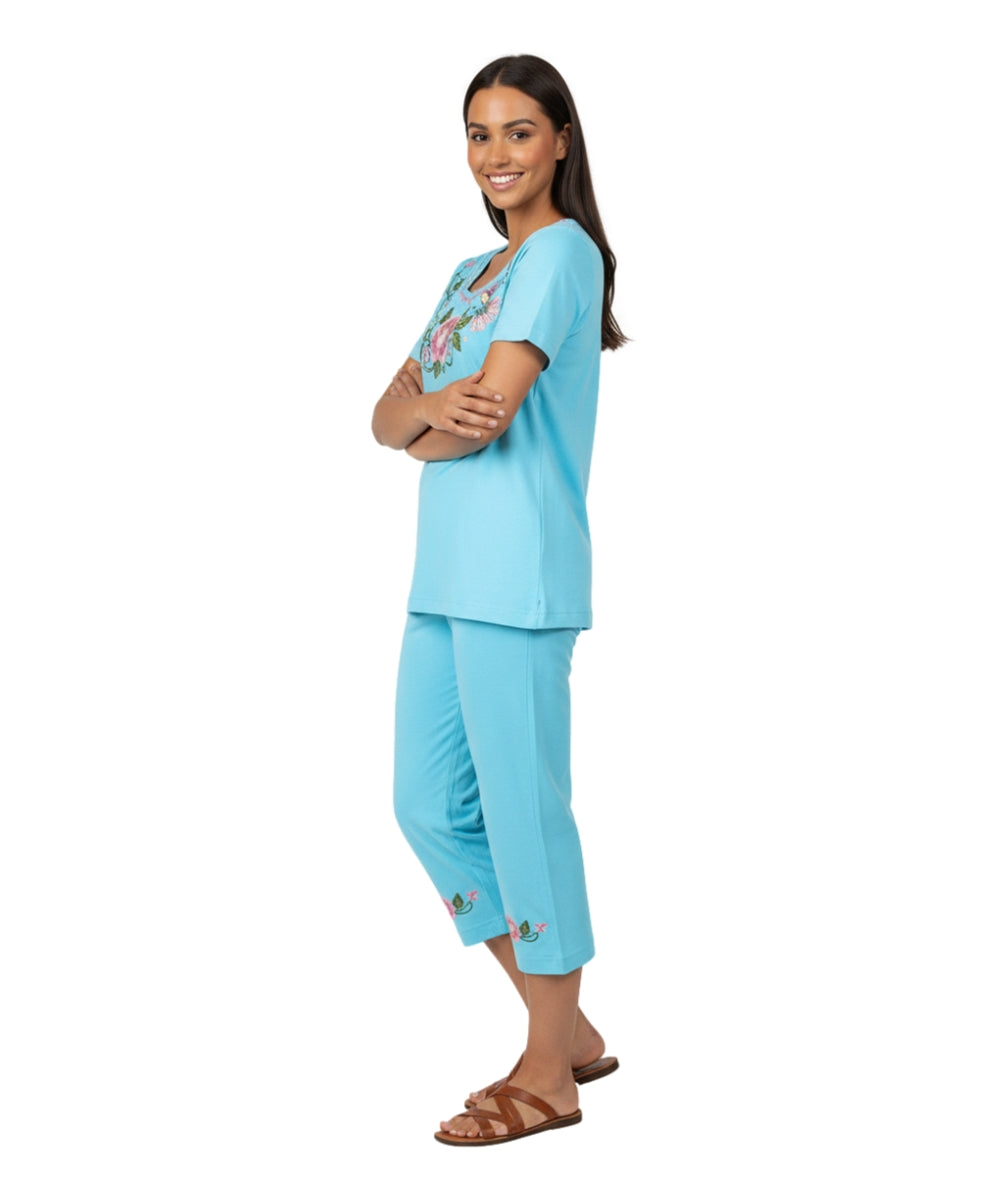 Women's Short Sleeve Hummingbird Floral Embroidered and Matching Capri Set (S-3X) $12.00 Per Set. WS18 Option C