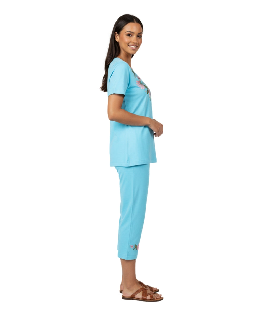 Women's Short Sleeve Hummingbird Floral Embroidered and Matching Capri Set (S-3X) $12.00 Per Set. WS18 Option C