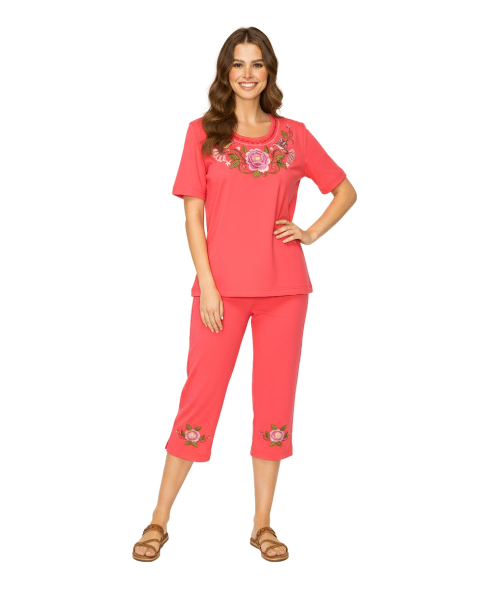 Women's Short Sleeve Hummingbird Floral Embroidered and Matching Capri Set (S-3X) $12.00 Per Set. WS18 Option A
