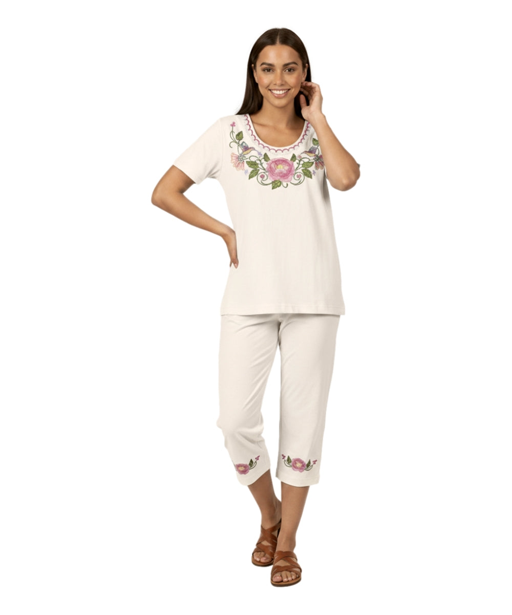 Women's Short Sleeve Hummingbird Floral Embroidered and Matching Capri Set (S-3X) $12.00 Per Set. WS18 Option A