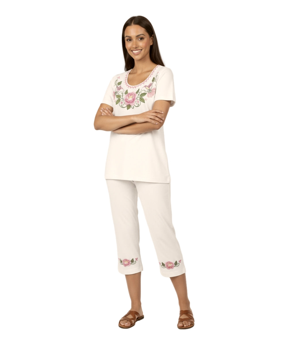 Women's Short Sleeve Hummingbird Floral Embroidered and Matching Capri Set (S-3X) $12.00 Per Set. WS18 Option A