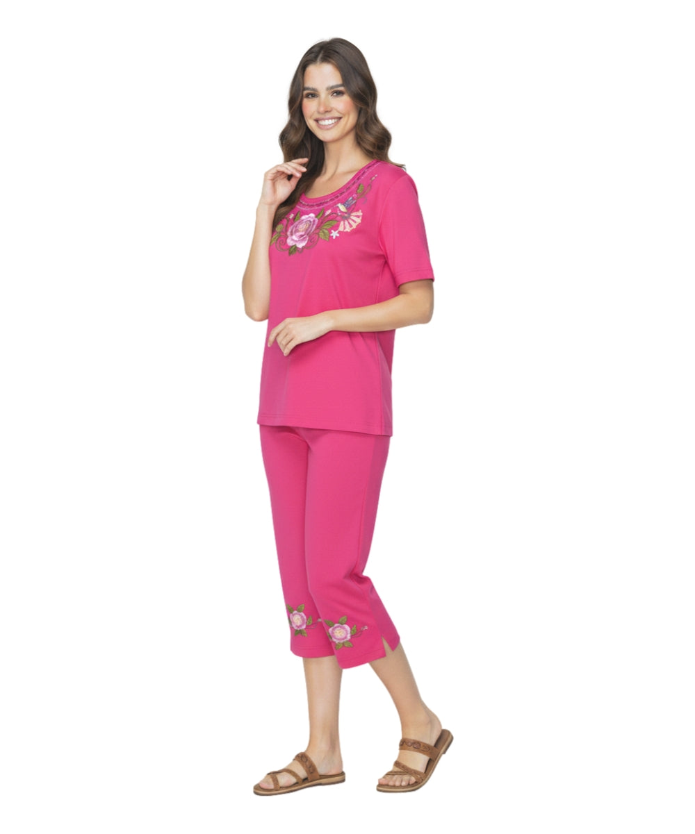 Women's Short Sleeve Hummingbird Floral Embroidered and Matching Capri Set (S-3X) $12.00 Per Set. WS18 Option C