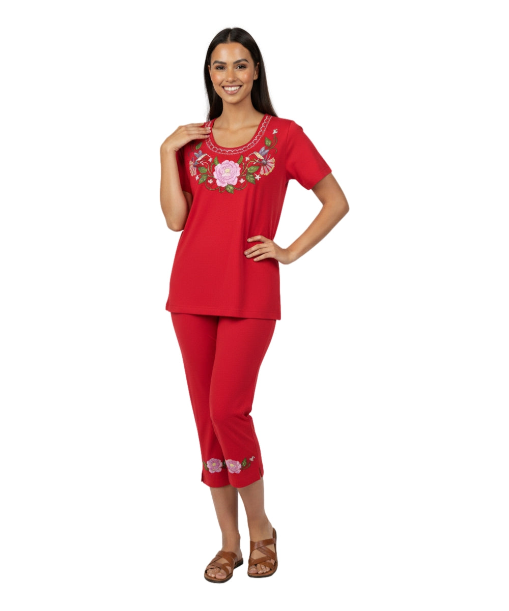 Women's Short Sleeve Hummingbird Floral Embroidered and Matching Capri Set (S-3X) $12.00 Per Set. WS18 Option B