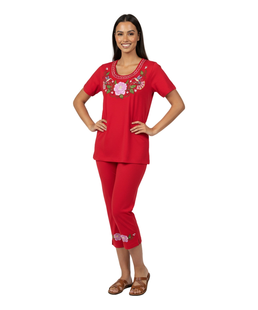 Women's Short Sleeve Hummingbird Floral Embroidered and Matching Capri Set (S-3X) $12.00 Per Set. WS18 Option B
