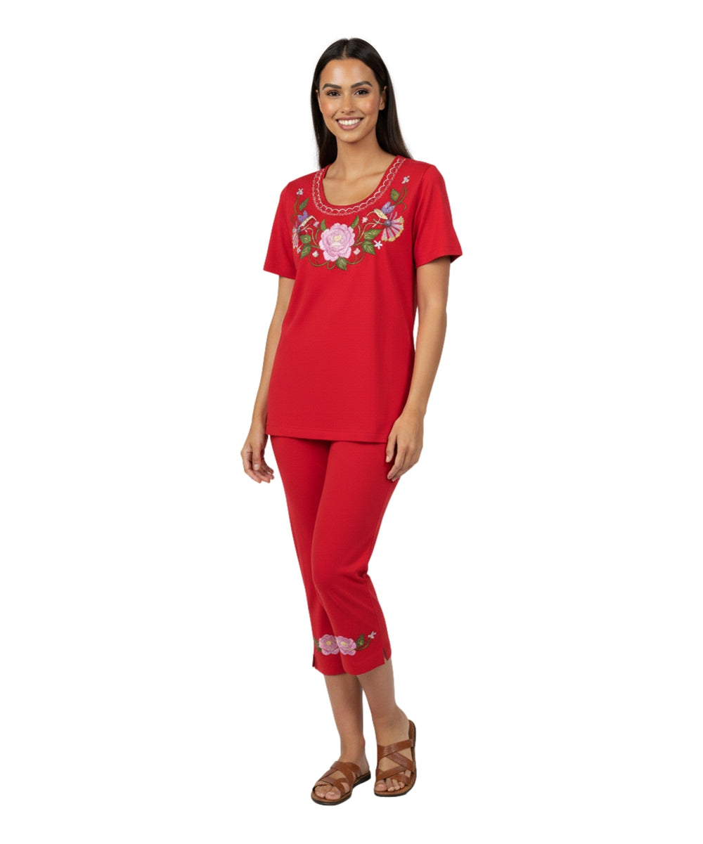 Women's Short Sleeve Hummingbird Floral Embroidered and Matching Capri Set (S-3X) $12.00 Per Set. WS18 Option B