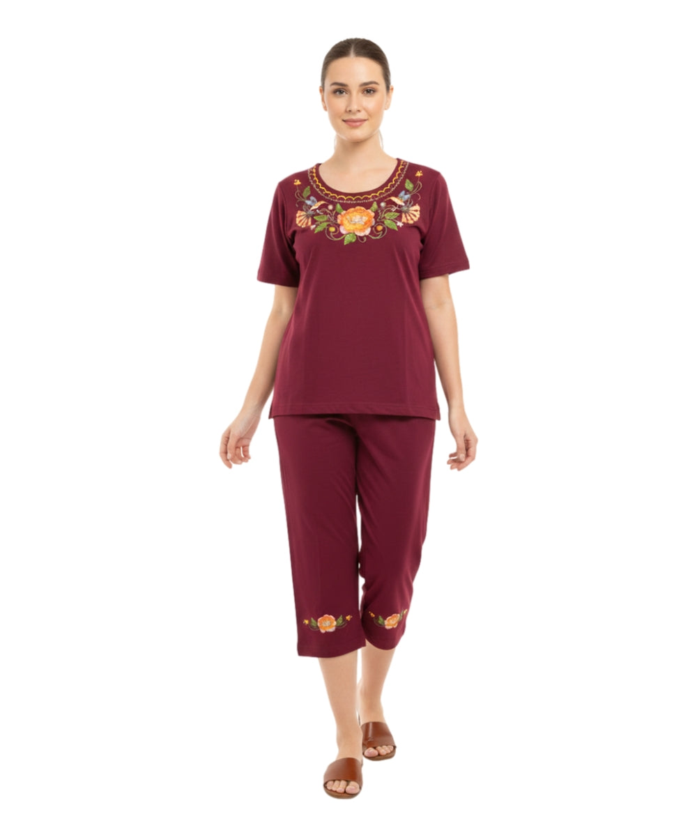 Women's Short Sleeve Hummingbird Floral Embroidered and Matching Capri Set (S-3X) $12.00 Per Set. WS18 Option B