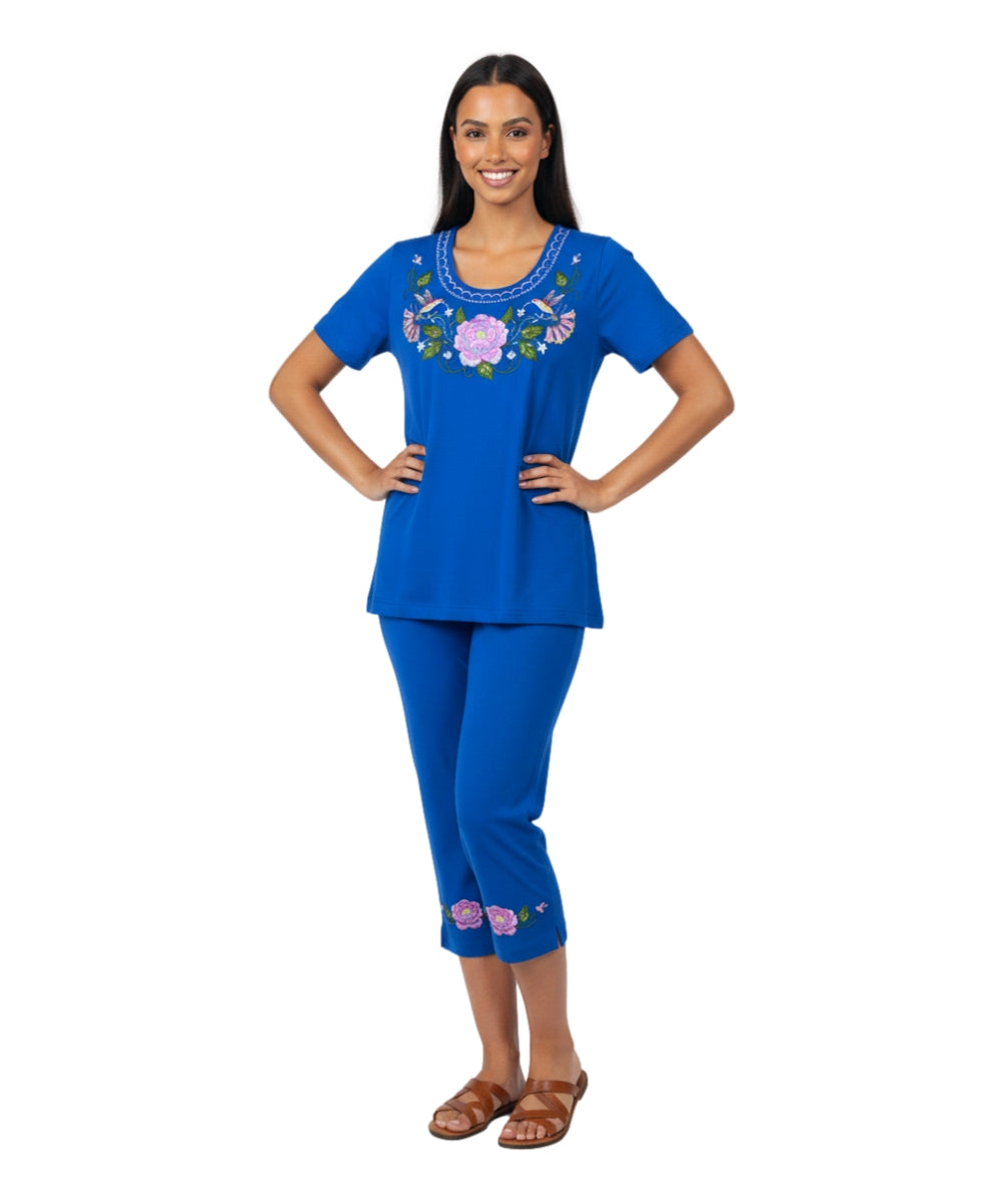 Women's Short Sleeve Hummingbird Floral Embroidered and Matching Capri Set (S-3X) $12.00 Per Set. WS18 Option B