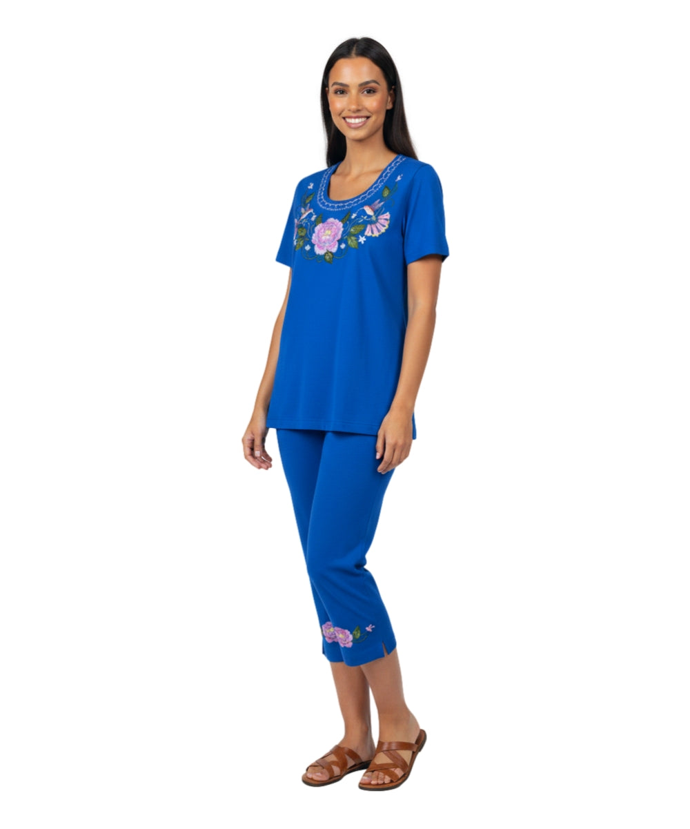 Women's Short Sleeve Hummingbird Floral Embroidered and Matching Capri Set (S-3X) $12.00 Per Set. WS18 Option B