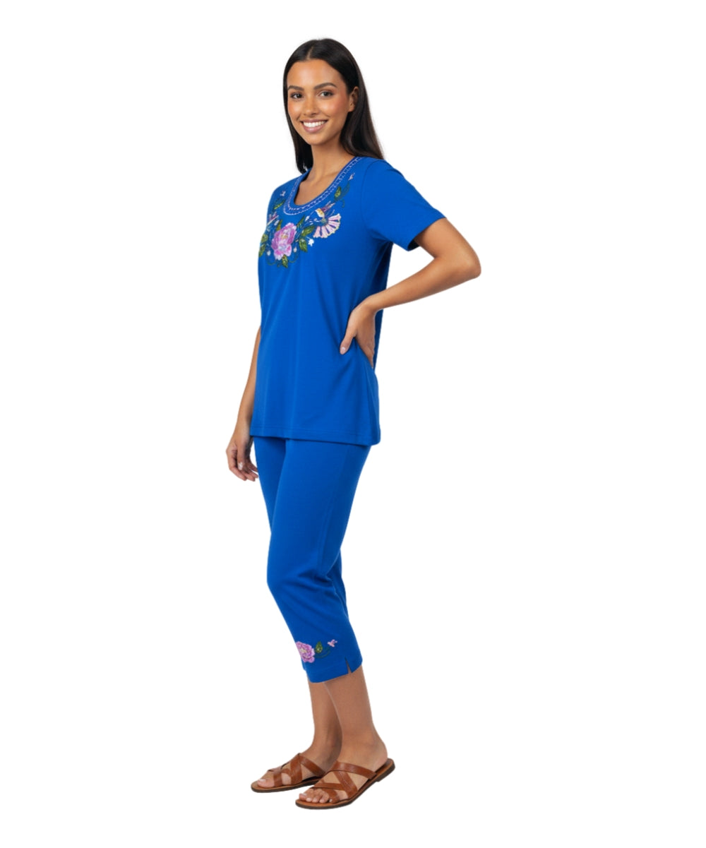 Women's Short Sleeve Hummingbird Floral Embroidered and Matching Capri Set (S-3X) $12.00 Per Set. WS18 Option B