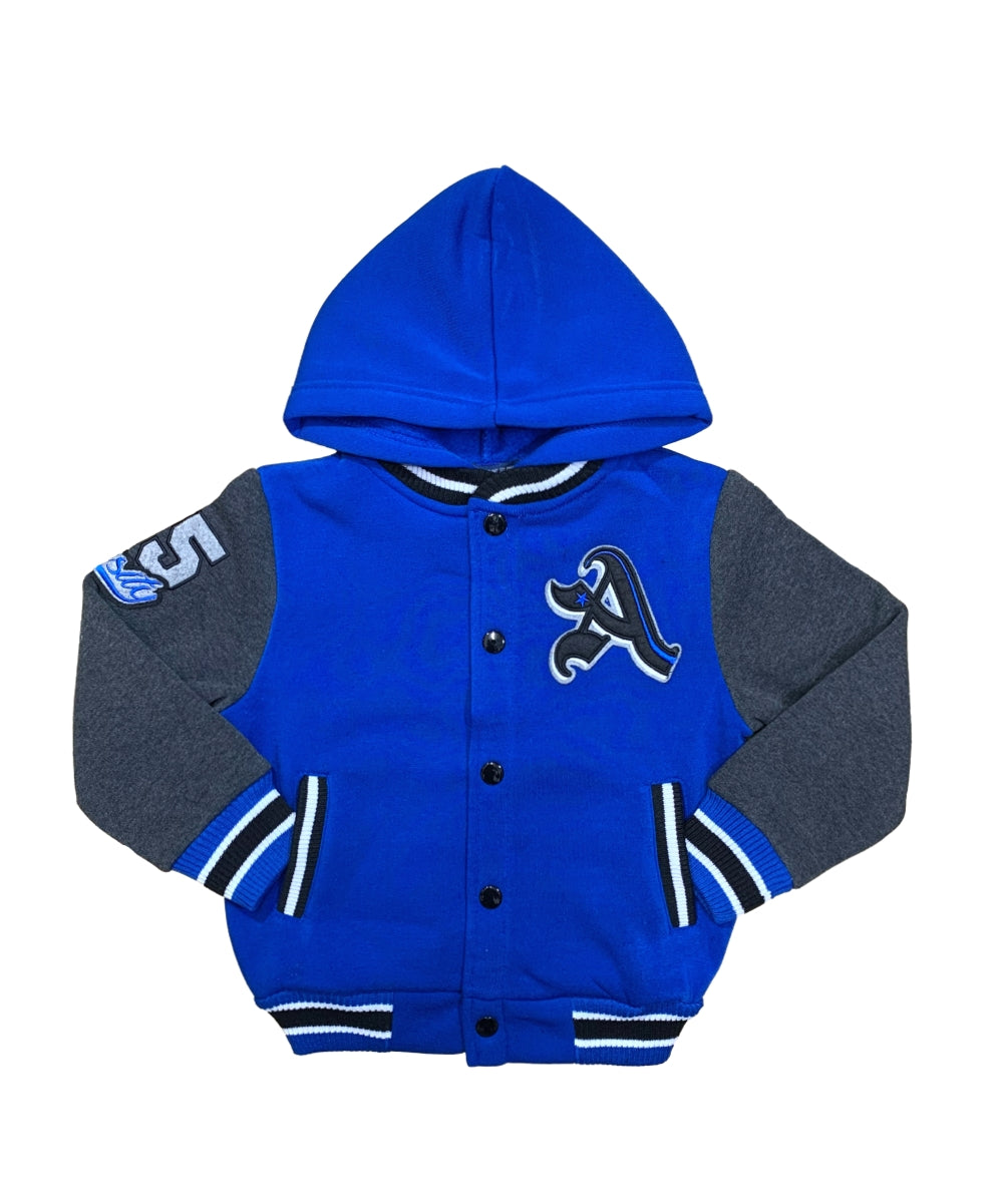 Boys Varsity Hooded Jacket With Patched Letter A - Royal Blue (2-4), (S-XL) $9.20-$10.50 Per Piece BJ1988